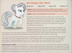 Size: 2165x1590 | Tagged: safe, derpibooru import, evenlight, pony, unicorn, tails of equestria, the festival of lights, bracelet, female, frown, glare, jewelry, lidded eyes, mare, necklace, raised hoof, raised leg, stats, text, umberfoal, underdark