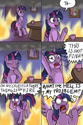 Size: 1280x1920 | Tagged: safe, artist:mkogwheel, derpibooru import, starlight glimmer, sunset shimmer, twilight sparkle, twilight sparkle (alicorn), alicorn, pony, comic, cup, dialogue, drama, drawthread, fire, gunshow, meme, on fire, parody, picture frame, shrunken pupils, sitting, spread wings, starlight drama, subversion, subverted meme, table, table flip, this is fine, wide eyes, wings, yelling