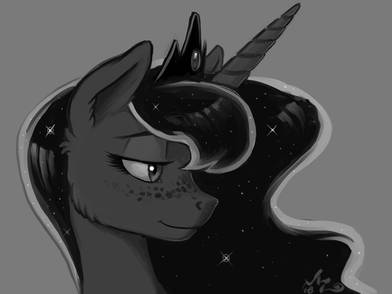 Size: 1200x900 | Tagged: safe, artist:amarynceus, deleted from derpibooru, derpibooru import, princess luna, alicorn, pony, bust, cheek fluff, ear fluff, female, freckles, gray background, grayscale, lidded eyes, mare, monochrome, portrait, profile, simple background, smiling, solo