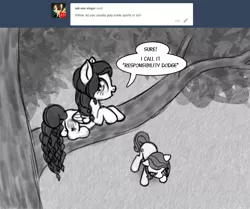 Size: 1101x920 | Tagged: safe, artist:nimaru, derpibooru import, oc, oc:winter willow, unofficial characters only, pegasus, pony, ask, female, mare, monochrome, prone, tree, tree branch, tumblr