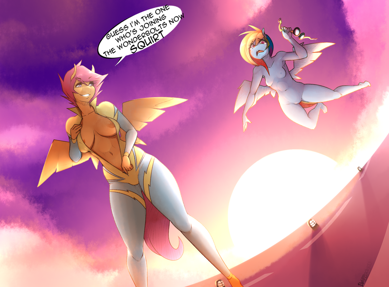 Size: 2300x1700 | Tagged: questionable, artist:da3rd, derpibooru import, rainbow dash, scootaloo, anthro, plantigrade anthro, armpits, body swap, breasts, busty scootaloo, clothes, dialogue, featureless crotch, female, females only, flying, goggles, lesbian, nipples, nudity, open mouth, scootadash, shipping, smiling, uniform, wonderbolts uniform