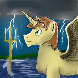 Size: 500x500 | Tagged: safe, artist:horsesplease, derpibooru import, feather bangs, alicorn, alicornified, angry, fethrocorn, lightning, ocean, paint tool sai, race swap, solo, spread wings, storm, trident, wave, wings
