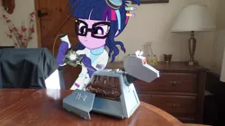 Size: 1024x575 | Tagged: safe, artist:jamesawilliams1996, derpibooru import, sci-twi, twilight sparkle, equestria girls, clothes, doctor who, equestria girls in real life, glasses, goggles, irl, k-9, lab coat, photo, repairing, sparks