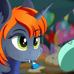Size: 500x500 | Tagged: safe, artist:negasun, derpibooru import, changeling queen oc, oc, oc:koveliana, unofficial characters only, changeling, changeling queen, pony, unicorn, animated, apathy, balloon, boop, bored, cheek fluff, completely unamused, cute, cute little fangs, eye shimmer, fangs, female, food, fun, happy birthday, offscreen character, orange changeling, orange hair, party, pie, this will not end well, unamused
