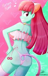 Size: 1595x2527 | Tagged: suggestive, artist:the-butch-x, derpibooru import, melon mint, equestria girls, ass, background human, bell, bell collar, bra, breasts, butch's shadow cat lingerie, butt, buttcrack, cat bell, cat ears, cat lingerie, cat tail, clothes, collar, dimples of venus, female, hand on hip, heart, lingerie, looking at you, looking back, melon booty, panties, sexy, shadowcat lingerie, side knot underwear, sinfully sexy, solo, solo female, stupid sexy melon mint, underwear