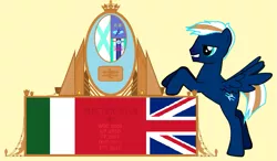 Size: 981x572 | Tagged: artist:lukington17, british, context is for the weak, crest, cross, crown, cutie mark, decoration, derpibooru import, flag, gold, heraldry, interpretation, italy, jewelry, logo, mirror, oc, oc:electric blue, pony creator, rampant, rearing, regalia, safe, smiling, solo, union jack, unofficial characters only, wings