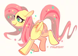 Size: 842x608 | Tagged: safe, artist:fawnshy, derpibooru import, fluttershy, pegasus, pony, floppy ears, looking away, simple background, smiling, solo, walking, wings