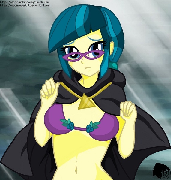 Size: 1208x1272 | Tagged: suggestive, artist:aboimages03, derpibooru import, juniper montage, equestria girls, bra, breasts, busty juniper montage, cape, cleavage, clothes, female, glasses, presenting, solo, solo female, underwear