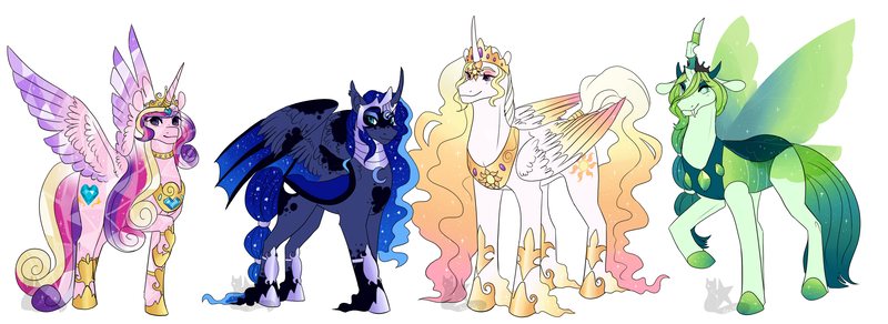 Size: 2600x950 | Tagged: safe, artist:arexstar, derpibooru import, princess cadance, princess celestia, princess luna, queen chrysalis, alicorn, bat pony, changedling, changeling, changeling queen, crystal pony, pony, alternate design, alternate hairstyle, crystal alicorn, ethereal mane, female, floppy ears, hybrid wings, image, jewelry, lidded eyes, looking at you, lunabat, mare, open mouth, png, purified chrysalis, race swap, raised hoof, redesign, regalia, simple background, smiling, spread wings, starry mane, starry wings, twitterina design, unshorn fetlocks, white background, wings