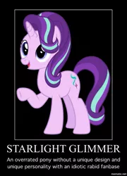 Size: 719x1000 | Tagged: safe, derpibooru import, starlight glimmer, pony, unicorn, background pony strikes again, black background, demotivational poster, drama, drama bait, female, mare, meme, op started shit, open mouth, raised hoof, simple background, solo, starlight drama, typo in the description