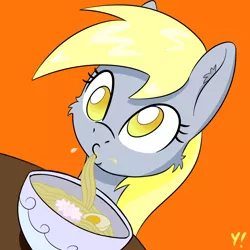 Size: 1000x1000 | Tagged: safe, artist:yakoshi, derpibooru import, derpy hooves, pegasus, pony, cute, eating, female, food, mare, no pupils, noodles, ramen, slurp, solo