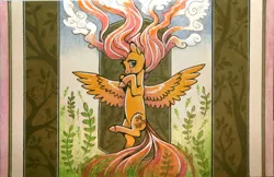 Size: 800x519 | Tagged: safe, artist:dany-the-hell-fox, derpibooru import, fluttershy, pegasus, pony, female, hooves to the chest, looking at you, looking sideways, mare, smiling, solo, spread out hair, spread wings, traditional art, windswept mane, wings