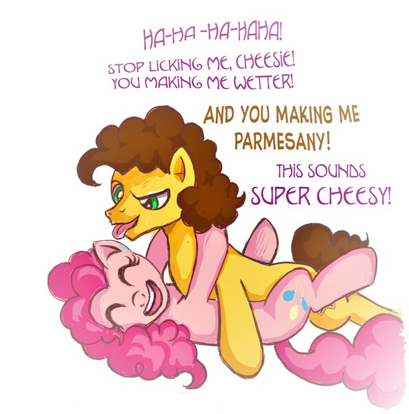 Size: 1444x1462 | Tagged: questionable, artist:modestallion689, derpibooru import, cheese sandwich, pinkie pie, cheesepie, cheesy pun, female, giggling, licking, male, pun, shipping, straight, tongue out