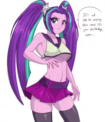 Size: 1033x1200 | Tagged: suggestive, artist:thebrokencog, derpibooru import, aria blaze, equestria girls, adorasexy, armpits, belly button, belt, breasts, clothes, cute, dialogue, female, midriff, moe, pigtails, pleated skirt, sexy, simple background, skirt, socks, solo, solo female, speech bubble, stupid sexy aria blaze, thigh highs, thighs, tsundaria, tsundere, twintails, underboob, white background, zettai ryouiki