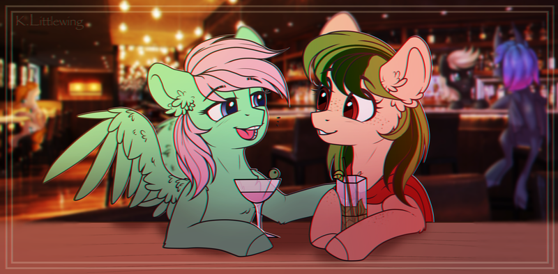 Size: 2400x1181 | Tagged: safe, artist:trickate, derpibooru import, oc, unofficial characters only, pony, alcohol, bar, chromatic aberration, female, mare, smiling