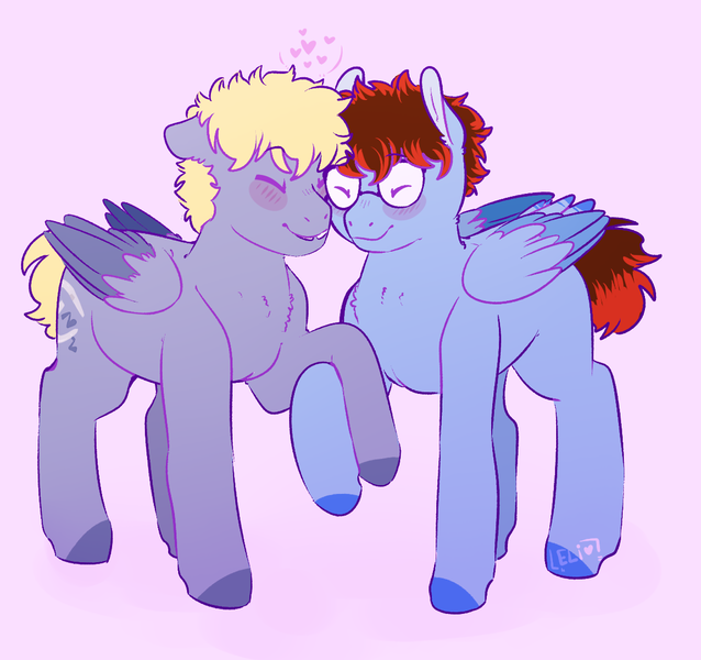 Size: 1200x1128 | Tagged: safe, artist:soft-arthropod, derpibooru import, oc, oc:dreamcatcher, ponified, unofficial characters only, pegasus, pony, blank flank, blushing, chest fluff, disney xd, eyes closed, gay, male, nonbinary, nuzzling, oc x oc, rc9gn, shipping, smiling, stallion, tooth gap