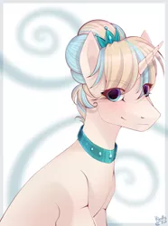 Size: 1091x1463 | Tagged: safe, artist:kindly-fox, derpibooru import, oc, unofficial characters only, pony, unicorn, bust, collar, female, mare, smiling, solo