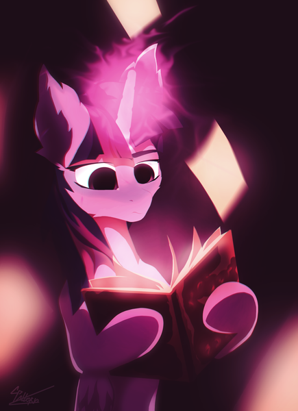 Size: 1024x1411 | Tagged: safe, artist:chebypattern, derpibooru import, twilight sparkle, twilight sparkle (alicorn), alicorn, pony, book, dark background, glowing horn, magic, pages, purple, reading, solo, spell, spellbook, telekinesis