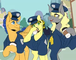 Size: 1006x794 | Tagged: safe, artist:yuyusunshine, derpibooru import, flash sentry, oc, oc:bumblebee, oc:prowl, bat pony, earth pony, pegasus, pony, fanfic:ponyville noire, coffee, police officer, sergeant, size difference