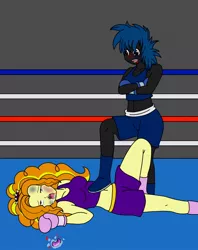 Size: 950x1200 | Tagged: suggestive, artist:linedraweer, derpibooru import, adagio dazzle, oc, oc:jinx, fighting is magic, equestria girls, abuse, adagiabuse, armpits, beaten up, blood, boxing, boxing gloves, breasts, bruised, busty adagio dazzle, catfight, defeated, fight, fighting stance, knock out, knocked out, knockout, missing teeth, mouth guard, pose, punch, revenge, spit, sports, stepped on, teeth pulling, trunks, victory