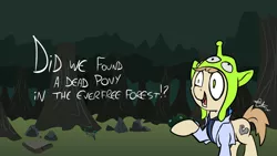 Size: 1280x720 | Tagged: semi-grimdark, artist:calena, artist:tardifice, derpibooru import, edit, ponified, alien, pony, clothes, dialogue, everfree forest, forest, grammar error, logan paul, raised hoof, smiling, solo, suicide forest, toy story