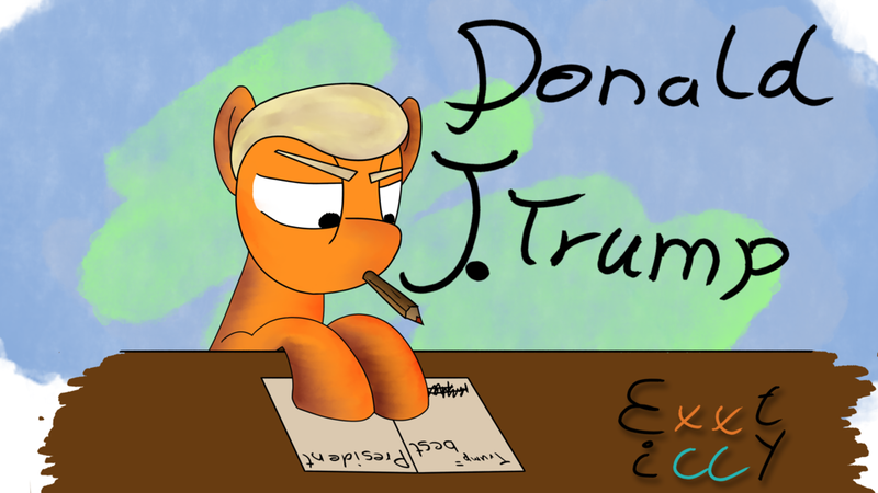 Size: 1024x576 | Tagged: safe, artist:exxticcy, derpibooru import, oc, oc:trump, ponified, pony, blonde, desk, donald trump, food, orange, pencil, politics, solo