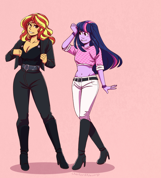 Size: 2700x2977 | Tagged: safe, artist:overlordneon, derpibooru import, sunset shimmer, twilight sparkle, human, equestria girls, belly button, belt, boots, breasts, cleavage, clothes, female, high heel boots, humanized, jacket, lesbian, midriff, pink background, shipping, shoes, simple background, smiling, sunsetsparkle