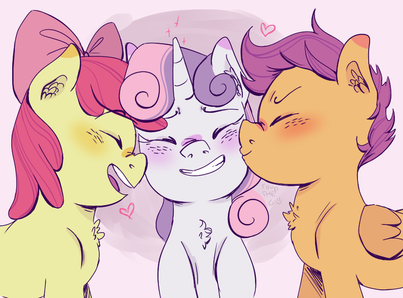 Size: 893x661 | Tagged: safe, artist:maddzroks, derpibooru import, apple bloom, scootaloo, sweetie belle, earth pony, pegasus, pony, unicorn, adorabloom, blushing, cmc threesome, cute, cutealoo, cutie mark crusaders, diasweetes, eyes closed, female, heart, horn, kiss on the cheek, kiss sandwich, kissing, lesbian, polyamory, scootabelle, shipping, simple background, smiling, sweetiebloom, sweetiebloomaloo, wings