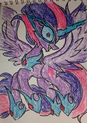 Size: 557x787 | Tagged: safe, artist:emositecc, derpibooru import, twilight sparkle, ponified, alicorn, pony, equestria girls, equestria girls ponified, evil grin, grin, looking at you, midnight sparkle, smiling, traditional art