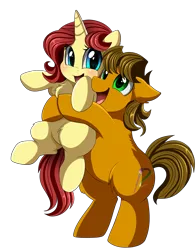 Size: 2152x2747 | Tagged: safe, artist:pridark, derpibooru import, oc, oc:alex the chubby pony, oc:eilemonty, unofficial characters only, pony, chest fluff, cute, eilemonty, female, hug, hug from behind, looking at you, male, mare, ponysona, simple background, smiling, stallion, transparent background