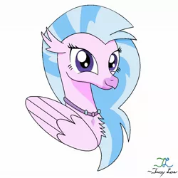 Size: 2160x2160 | Tagged: artist:speedy1369, bust, classical hippogriff, derpibooru import, hippogriff, jewelry, looking at you, necklace, safe, school daze, signature, silverstream, simple background, smiling, solo, white background, wings