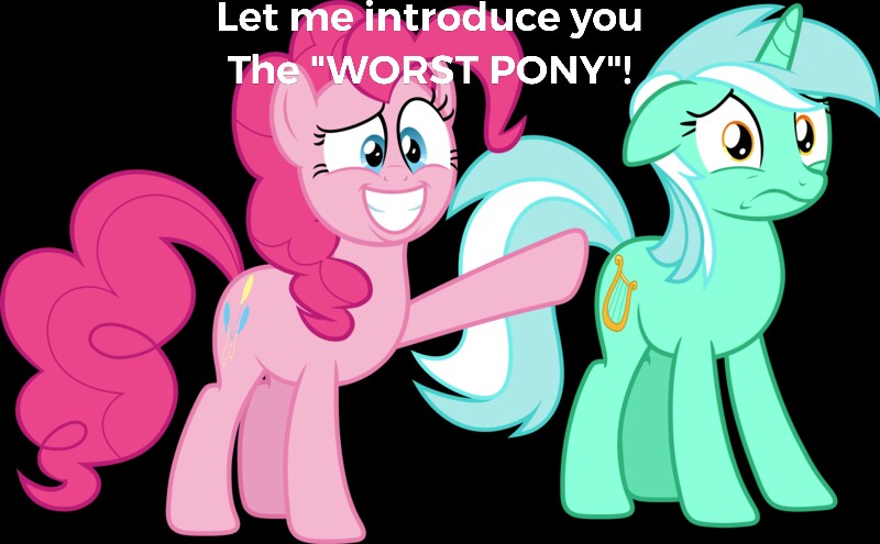 Size: 800x495 | Tagged: abuse, background pony strikes again, black background, derpibooru import, edit, edited screencap, lyrabuse, lyra heartstrings, pinkie pie, rock solid friendship, sad, safe, screencap, simple background