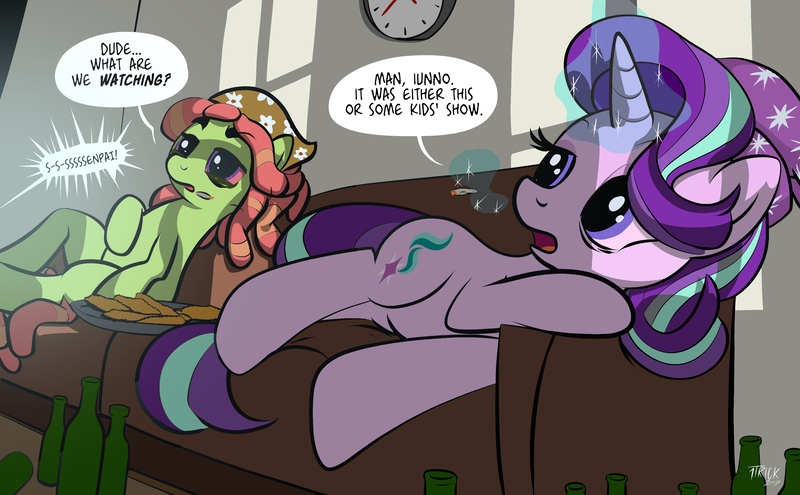 Size: 3600x2229 | Tagged: safe, artist:1trick, artist:dwk, derpibooru import, starlight glimmer, tree hugger, earth pony, pony, unicorn, anime, beanie, bloodshot eyes, blunt, bong, bottle, chicken tenders, clock, couch, drugs, duo, equestria girls outfit, female, hat, high, joint, levitation, magic, mare, marijuana, ponies eating meat, senpai, smoking, stoned, telekinesis, tree stoner