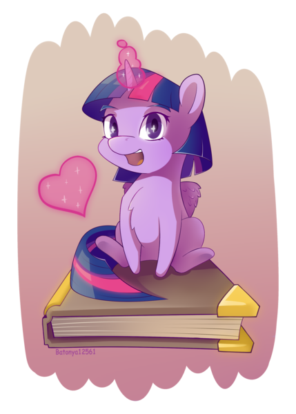 Size: 1429x2000 | Tagged: safe, artist:batonya12561, derpibooru import, twilight sparkle, twilight sparkle (alicorn), alicorn, pony, alternate hairstyle, book, bookhorse, chest fluff, chibi, cute, female, glowing horn, heart, looking at you, magic, mare, open mouth, short mane, simple background, sitting, smiling, solo, that pony sure does love books, tiny ponies, twiabetes