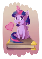 Size: 1429x2000 | Tagged: safe, artist:batonya12561, derpibooru import, twilight sparkle, twilight sparkle (alicorn), alicorn, pony, alternate hairstyle, book, bookhorse, chest fluff, chibi, cute, female, glowing horn, heart, looking at you, magic, mare, open mouth, short mane, simple background, sitting, smiling, solo, that pony sure does love books, tiny ponies, twiabetes