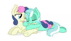 Size: 5008x2914 | Tagged: safe, artist:zutheskunk, derpibooru import, bon bon, lyra heartstrings, sweetie drops, earth pony, pony, unicorn, absurd resolution, butt pillow, butthug, eyes closed, female, hug, lesbian, lying, lyrabon, mare, prone, shipping, simple background, smiling, vector, white background