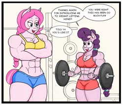 Size: 1359x1162 | Tagged: safe, artist:matchstickman, derpibooru import, sugar belle, oc, oc:honey suckle, anthro, earth pony, unicorn, abs, anthro oc, barbell, biceps, breasts, busty sugar belle, clothes, deltoids, dialogue, duo, female, gym uniform, mare, muscles, sugar barbell, sweatdrop, weight lifting