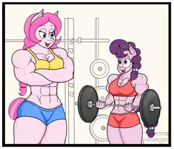 Size: 1359x1162 | Tagged: safe, alternate version, artist:matchstickman, derpibooru import, sugar belle, oc, oc:honey suckle, anthro, earth pony, unicorn, abs, anthro oc, barbell, biceps, breasts, busty sugar belle, clothes, deltoids, duo, female, gym uniform, mare, muscles, no dialogue, sugar barbell, sweatdrop, textless version, weight lifting