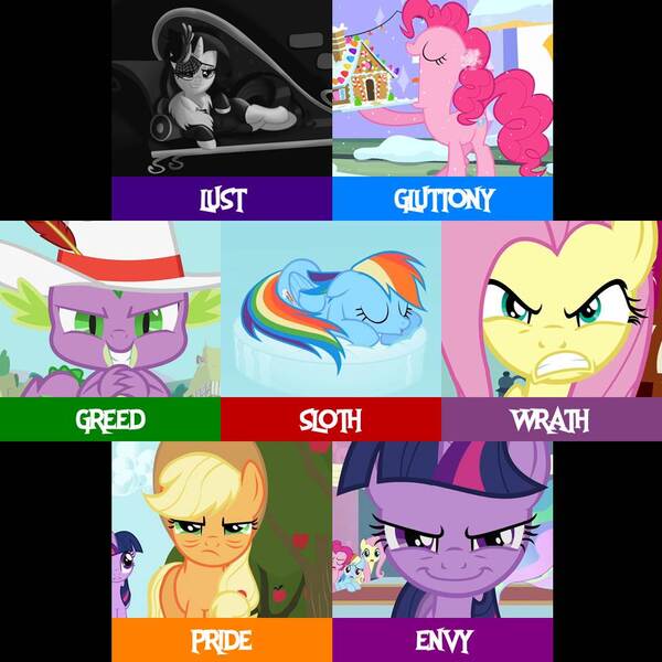 Size: 960x960 | Tagged: safe, artist:twilightsporckle, derpibooru import, edit, screencap, applejack, fluttershy, pinkie pie, rainbow dash, rarity, spike, twilight sparkle, dragon, earth pony, pegasus, pony, unicorn, a canterlot wedding, applebuck season, hearth's warming eve (episode), putting your hoof down, rarity investigates, secret of my excess, the cutie pox, angry, apple, apple tree, baby dragon, bags under eyes, claws, evil grin, female, fluttershy is not amused, folded wings, fur coat, gingerbread house, greed spike, grin, gritted teeth, male, mane seven, mane six, mare, multicolored mane, multicolored tail, pimp hat, pinkie being pinkie, ponytail, seven deadly sins, sin of envy, sin of gluttony, sin of greed, sin of lust, sin of pride, sin of sloth, sin of wrath, sleeping, smiling, smirk, snow, unamused, unicorn twilight, wall of tags