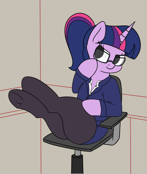 Size: 900x1065 | Tagged: suggestive, artist:andelai, derpibooru import, twilight sparkle, pony, semi-anthro, chair, clothes, female, glasses, mare, office, pantyhose, ponytail, solo, underhoof, uniform