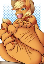Size: 1024x1497 | Tagged: anthro, applejack, artist:cyborg-steve, barefoot, compressed, compression, cowboy hat, derpibooru import, feet, female, fetish, foot fetish, foot focus, freckles, hat, open mouth, plantigrade anthro, soles, solo, solo female, stetson, suggestive, wrinkles, ych result