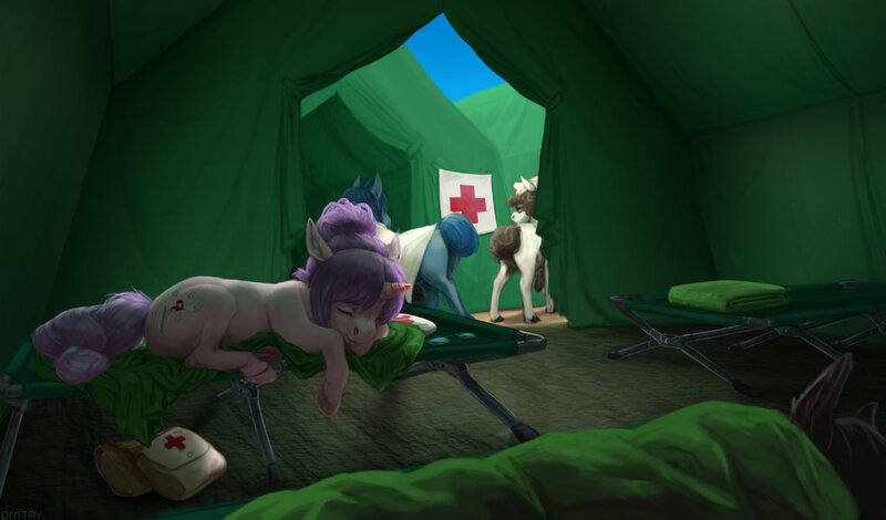 Size: 1023x601 | Tagged: artist:omtay, derpibooru import, nurse, oc, safe, sleeping, tent, unofficial characters only