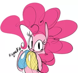 Size: 1756x1644 | Tagged: suggestive, artist:hattsy-nsfw, derpibooru import, pinkie pie, pony, balloon, colored sketch, female, hoof hold, implied boobgrab, looking at you, solo, solo female, squeak