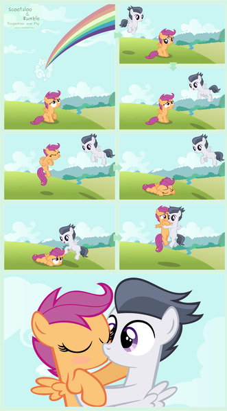 Size: 1920x3484 | Tagged: safe, alternate version, artist:adcoon, derpibooru import, edit, rumble, scootaloo, blushing, female, filly, flying, helping, kissing, male, rainbow, rumbloo, scootaloo can't fly, shipping, straight