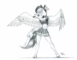 Size: 1500x1177 | Tagged: anthro, artist:baron engel, bow, clothes, derpibooru import, female, grayscale, hair bow, mare, microphone, midriff, monochrome, my little pony: the movie, pegasus, pencil drawing, safe, simple background, singing, skirt, solo, songbird serenade, traditional art, unguligrade anthro, white background