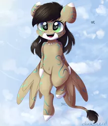 Size: 3000x3500 | Tagged: safe, artist:donutnerd, derpibooru import, oc, oc:rune, unofficial characters only, pegasus, pony, cloud, female, flying, happy, mare, raised hoof, runes, sky, smiling, solo