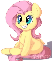 Size: 1923x2247 | Tagged: safe, artist:donutnerd, derpibooru import, fluttershy, pegasus, pony, chest fluff, cute, happy, raised eyebrows, shyabetes, simple background, sitting, smiling, solo, transparent background, weapons-grade cute, wings