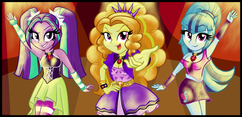 Size: 3688x1788 | Tagged: safe, artist:queentigrel, derpibooru import, adagio dazzle, aria blaze, sonata dusk, equestria girls, rainbow rocks, sleeveless, the dazzlings, welcome to the show