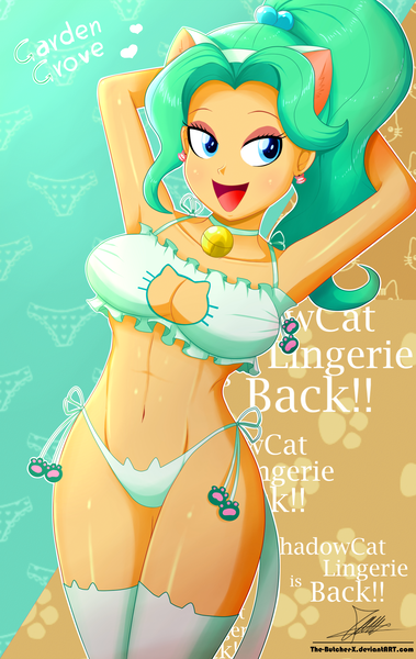 Size: 1595x2527 | Tagged: suggestive, artist:the-butch-x, derpibooru import, garden grove, equestria girls, friendship games, arm behind head, armpits, background human, bedroom eyes, bell, bell collar, belly button, big breasts, blushing, boob window, bra, breasts, busty garden grove, butch's shadow cat lingerie, cat bell, cat ears, cat keyhole bra set, cat lingerie, cat tail, cleavage, clothes, collar, crop top bra, female, frilly underwear, heart, lidded eyes, lingerie, looking at you, open mouth, panties, sexy, shadowcat lingerie, side knot underwear, smiling, socks, solo, solo female, stockings, stupid sexy garden grove, thigh highs, underwear, white underwear