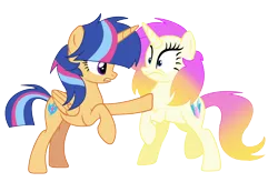 Size: 2064x1352 | Tagged: safe, artist:thesmall-artist, derpibooru import, oc, oc:crystal pearl, oc:magic shield, unofficial characters only, alicorn, pony, unicorn, female, mare, offspring, parent:flash sentry, parent:rarity, parent:trenderhoof, parent:twilight sparkle, parents:flashlight, parents:trenderity, simple background, transparent background